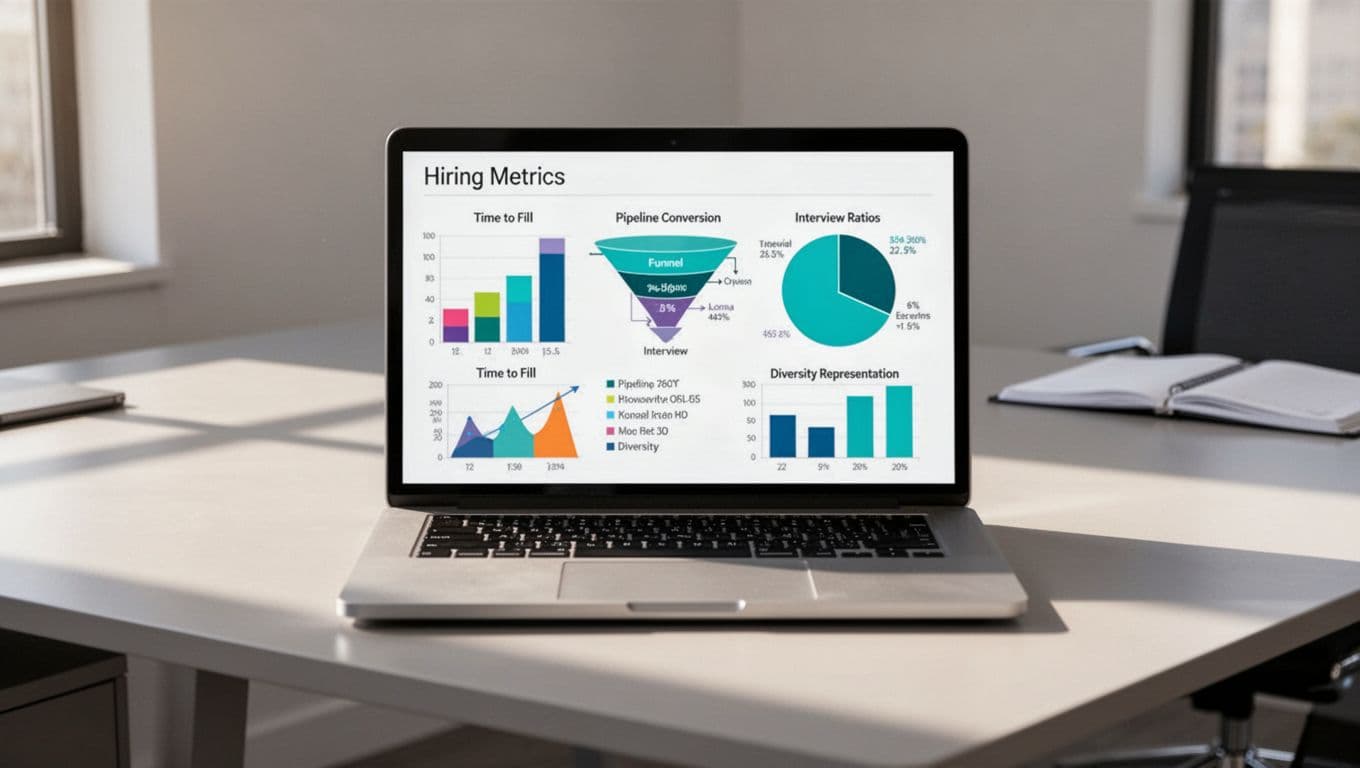 Modern illustration of a laptop dashboard displaying key hiring metrics charts like time-to-fill bar graph, pipeline funnel, interview ratio pie chart, and diversity bars on a clean office desk.