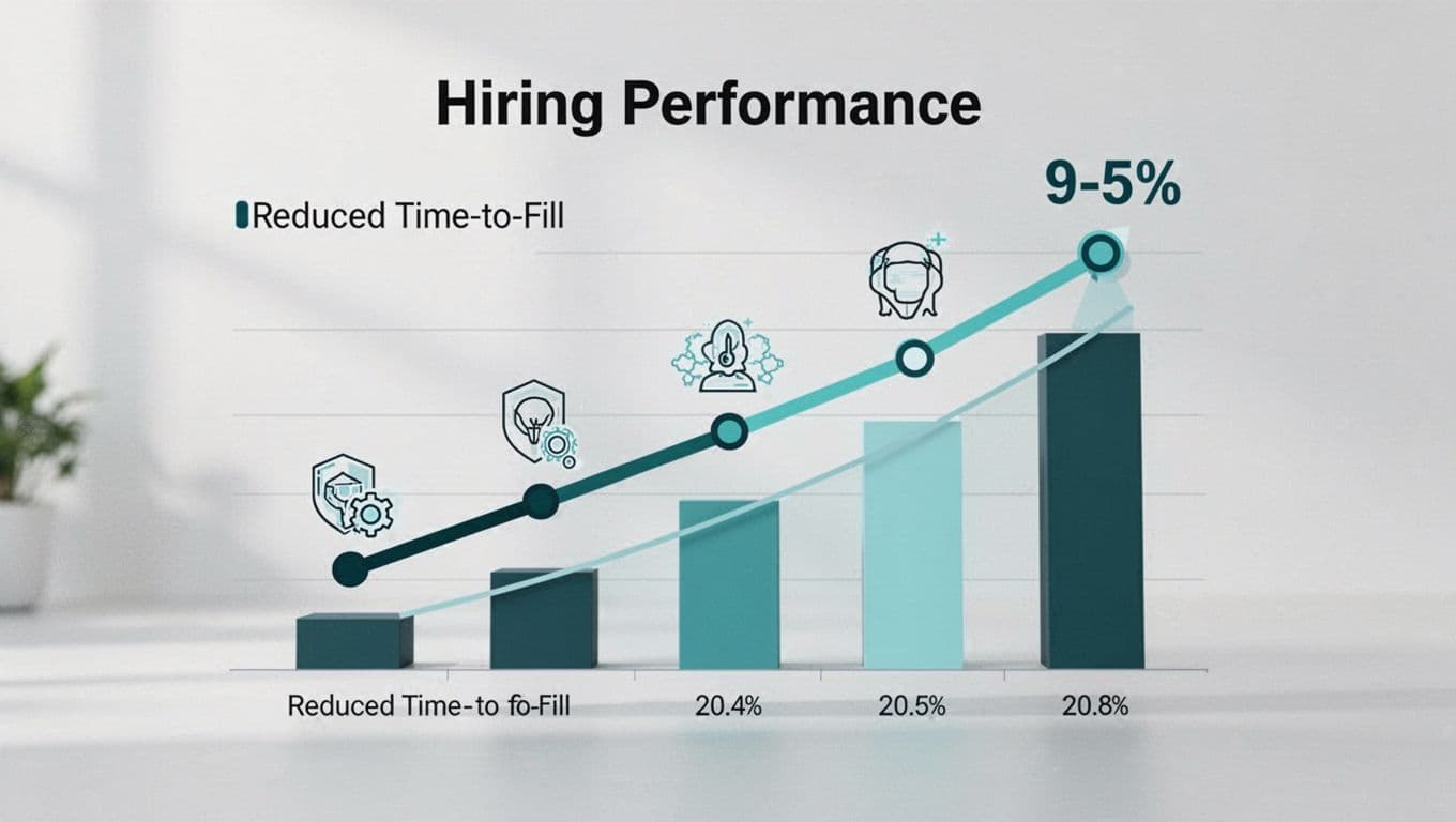 Modern infographic-style chart with clean shapes, controlled colors, and #22C55E accents, displaying hiring metrics such as time-to-fill dropping from 90 to 30 days and retention rate rising to 95%, featuring bar graphs and icons for cybersecurity roles on a simple background with strong visual hierarchy.