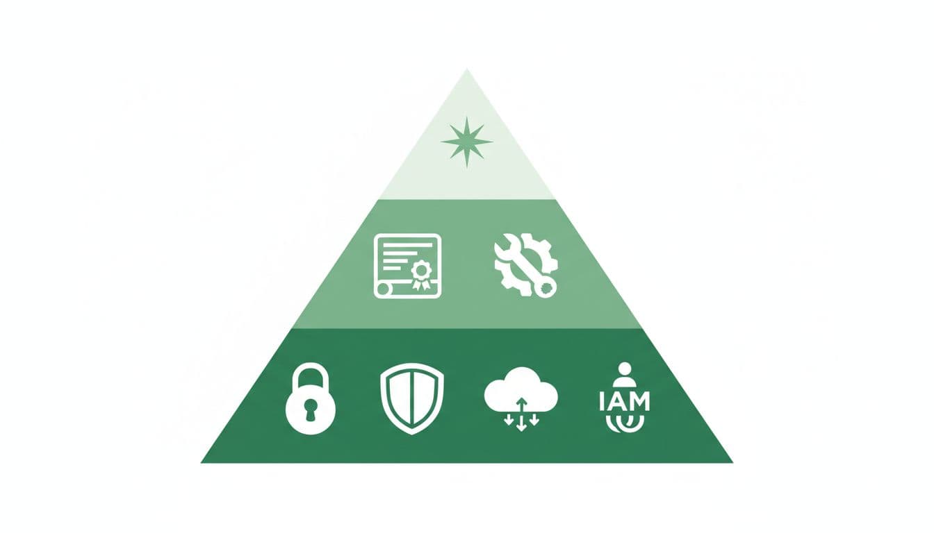 Three-tier pyramid with base must-have icons (padlock, shield, cloud, IAM) in green, middle nice-to-have certificates and tools, top optionals on white background.