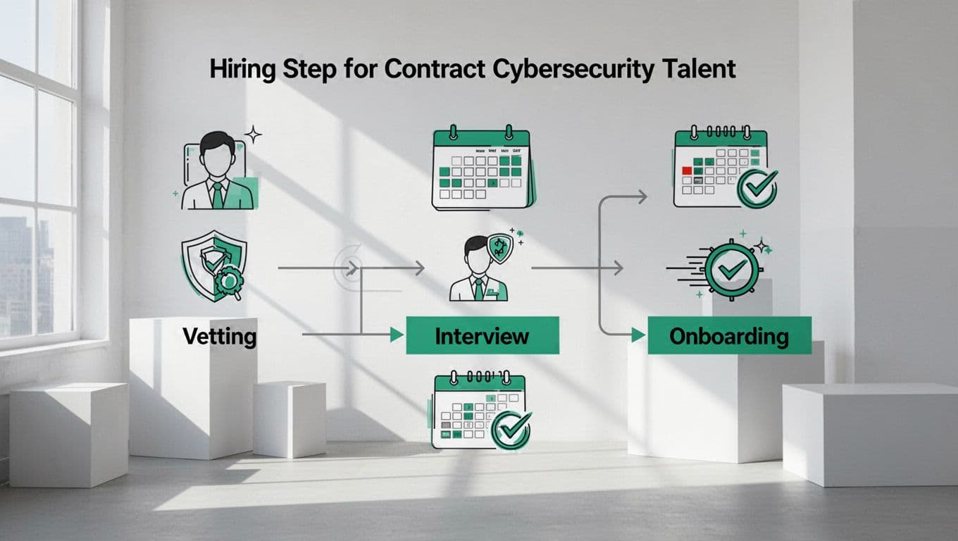 Modern illustration of a flowchart outlining the hiring process for contract cybersecurity talent, featuring steps like vetting, interview, and onboarding with calendar and speed icons on an office background.