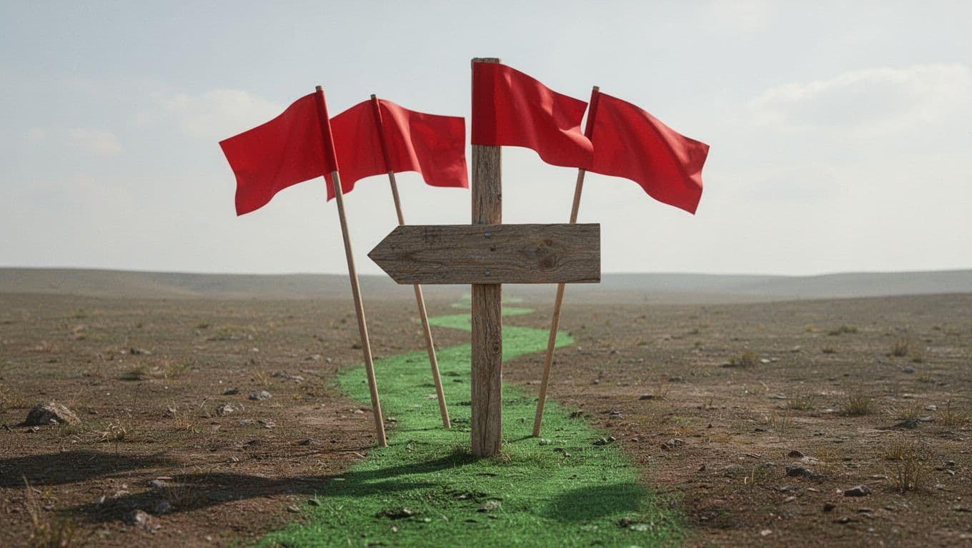 Modern illustration of a warning signpost featuring red flags for cybersecurity consulting pitfalls like generic proposals, no certifications, and vague timelines. Clean shapes with green accents on the safe path, simple landscape scene without text or people.
