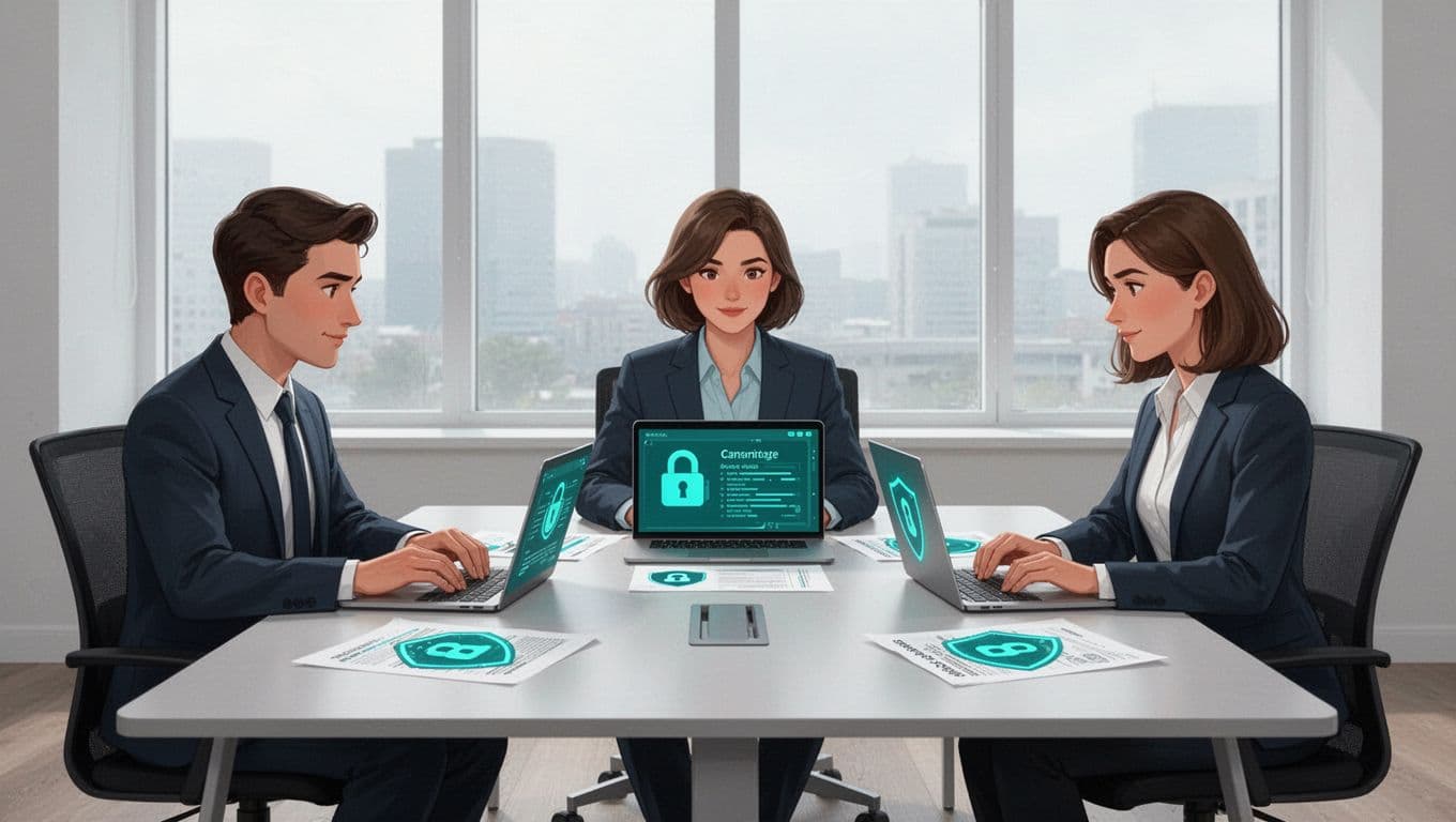 Three cybersecurity professionals sit around a modern conference table, reviewing a candidate profile on laptops and papers with security icons like locks and shields, in a bright office with large windows.