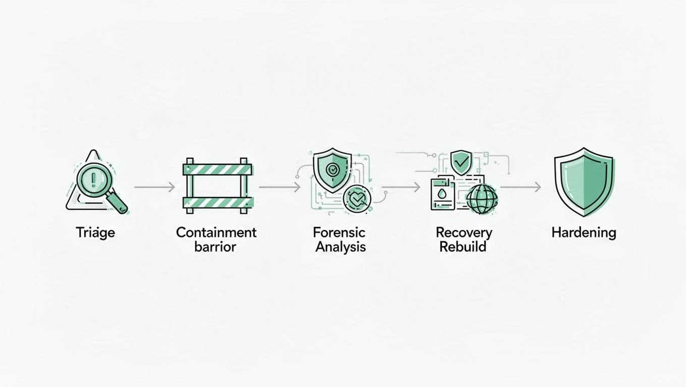 Modern line art illustration of the incident response life cycle as five sequential cybersecurity phases in a central flowchart diagram with connected icons: triage alert, containment barrier, forensic analysis, recovery rebuild, and hardening shield.
