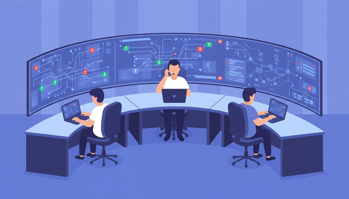 Three analysts in modern operations center review threat data on screens with network maps and alerts, one on phone.