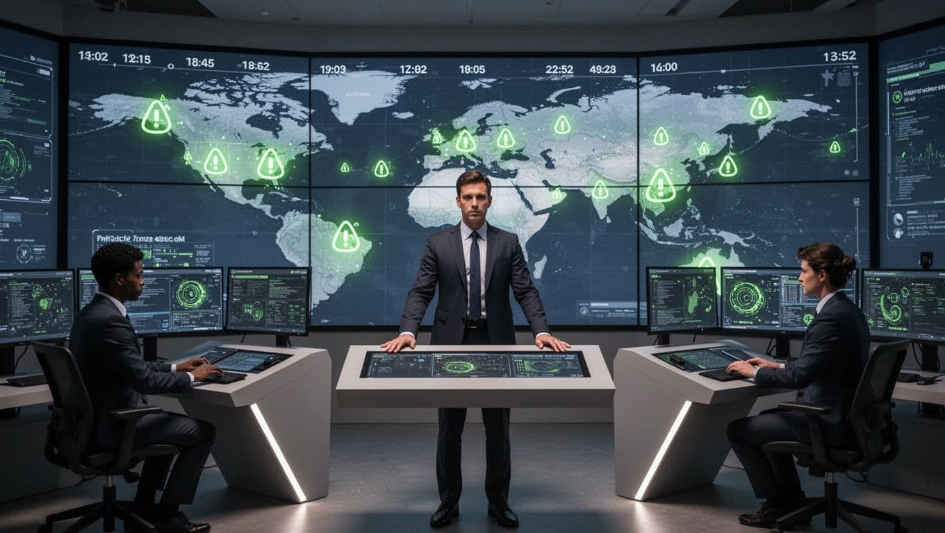 Modern illustration of a diverse cybersecurity team in a high-tech command center, with a central leader coordinating two team members on each side during a cyber incident. Global screens display world maps, time zones, and alert icons highlighted in green accents.
