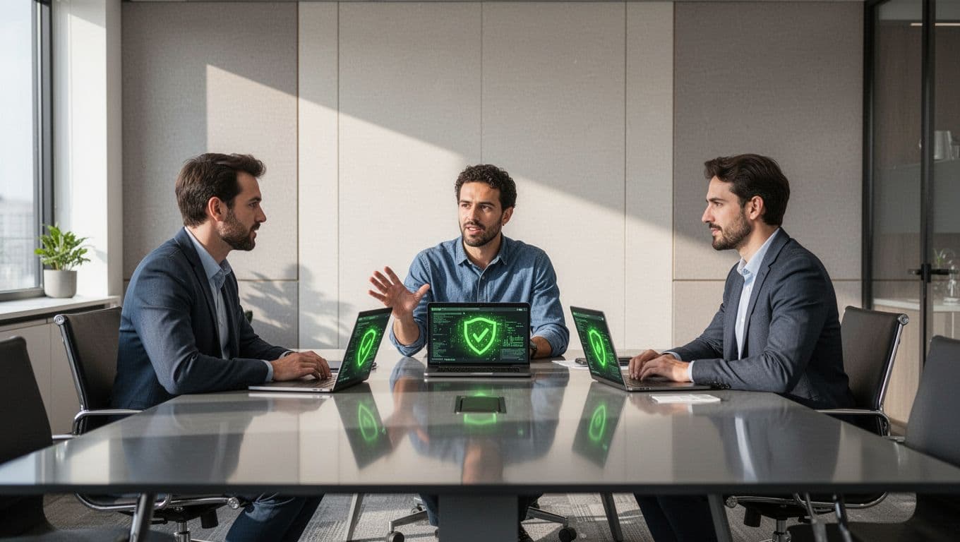 Modern illustration showing a cybersecurity team during an incident response meeting, with exactly three people around a conference table with laptops, one leading the discussion with a partially obscured hand gesture, using clean shapes and controlled colors including #22C55E for alert icons.