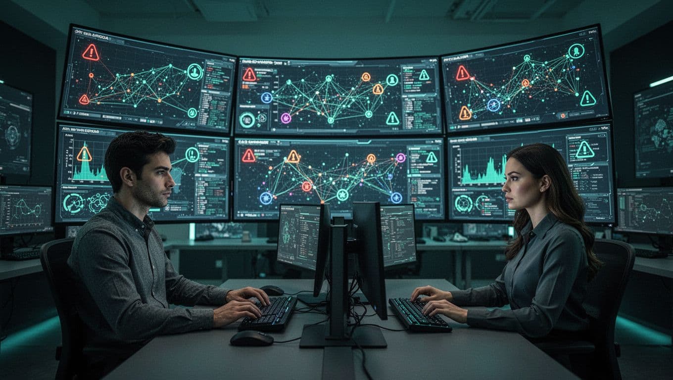 Modern illustration of a cybersecurity incident response team in a high-tech operations center: exactly three analysts (two men, one woman) focused on large curved screens showing network graphs and alerts, modern office with dim lighting and glowing screens, clean shapes, controlled cool blue and green palette.