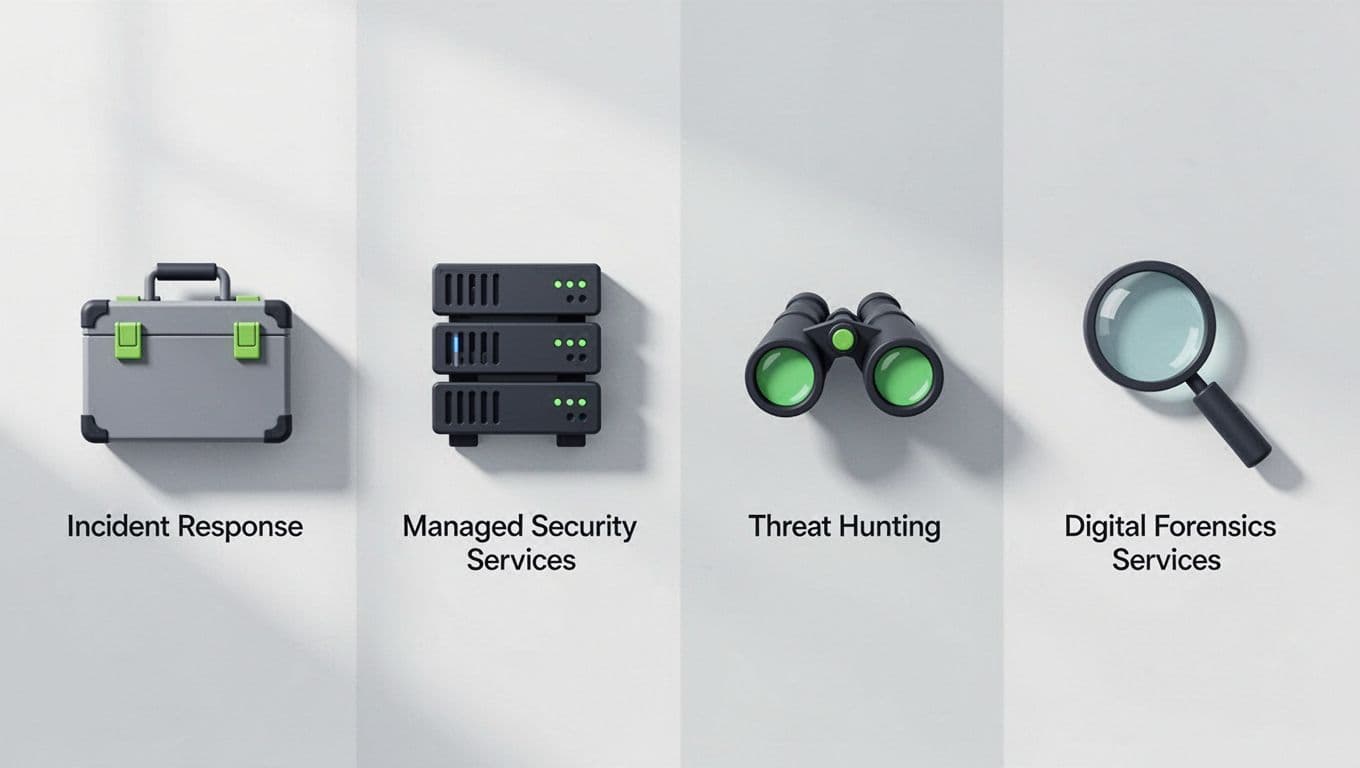 Modern illustration side-by-side comparison of four cybersecurity providers: incident response consultant as rapid response toolbox, MSSP as broad server network, MDR as threat hunting binoculars, digital forensics as detailed evidence magnifier. Clean shapes, controlled colors with #22C55E accents, four equal panels in a row with simple icons only.