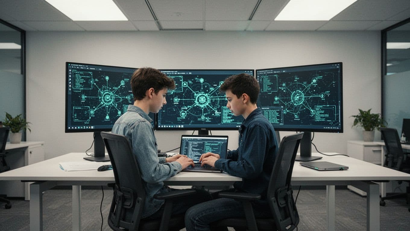 Modern illustration of a cybersecurity intern focused on a capstone project at a desk with laptop and multiple screens displaying network diagrams, clean shapes, soft office lighting, solo work.