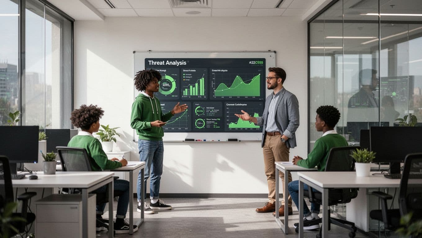 Modern illustration of three diverse young cybersecurity interns in a modern office, with one presenting a threat analysis dashboard to a mentor at a whiteboard, highlighting collaborative learning.