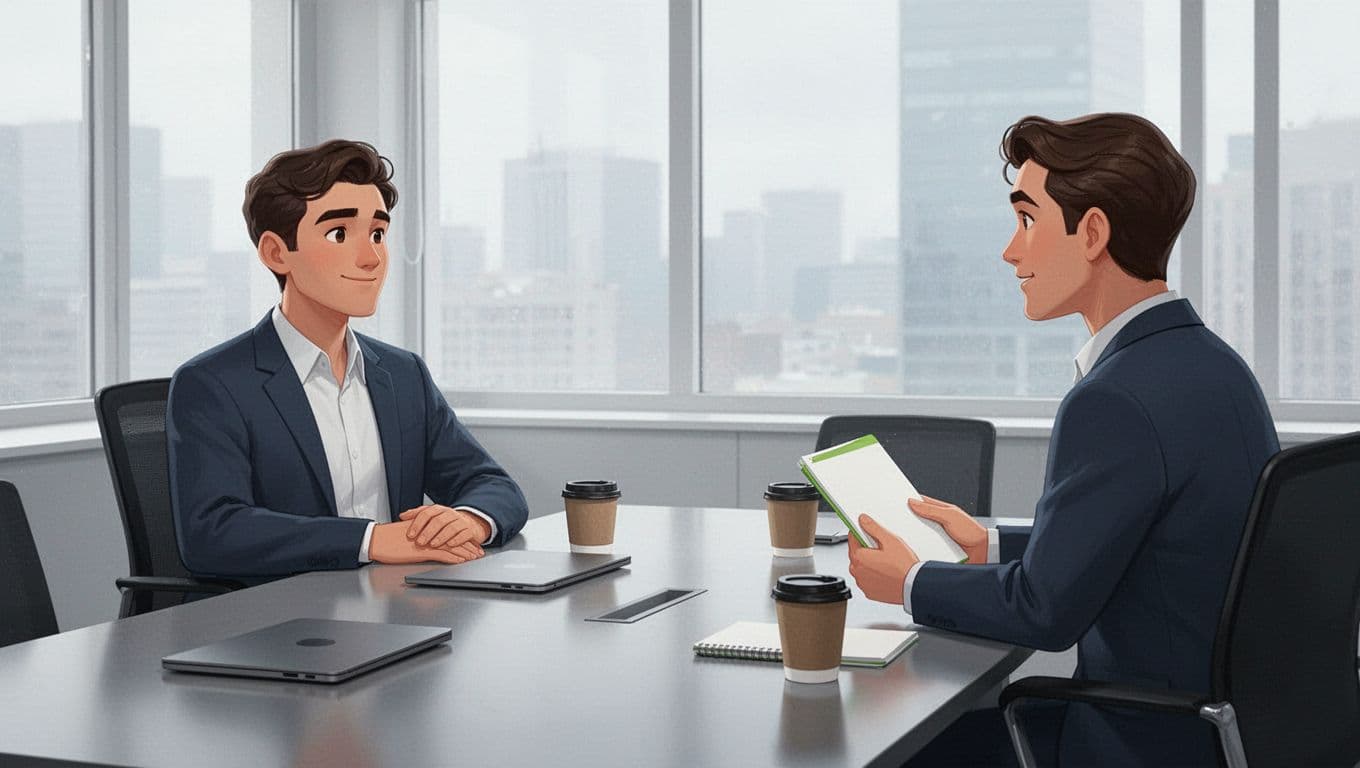Two professionals seated at table in bright conference room, candidate relaxed, interviewer with notepad, closed laptops and coffee cups nearby.