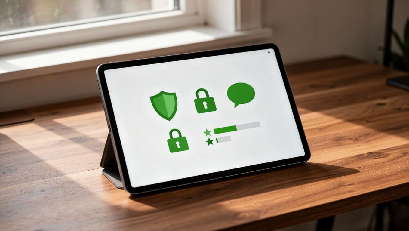Structured interview feedback scorecard displayed on a tablet screen at a slight angle on a wooden desk, with icons for technical skills, security, communication, and judgment accented in green.