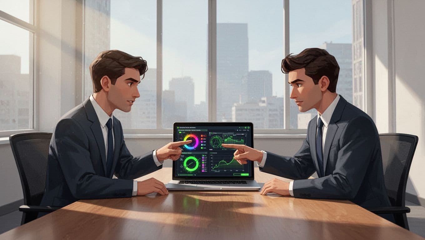 Modern illustration of a cybersecurity interviewer and candidate at a table in a conference room, reviewing alert logs on a laptop screen during a job interview. Clean composition with natural light, controlled colors, and green accents on UI elements.