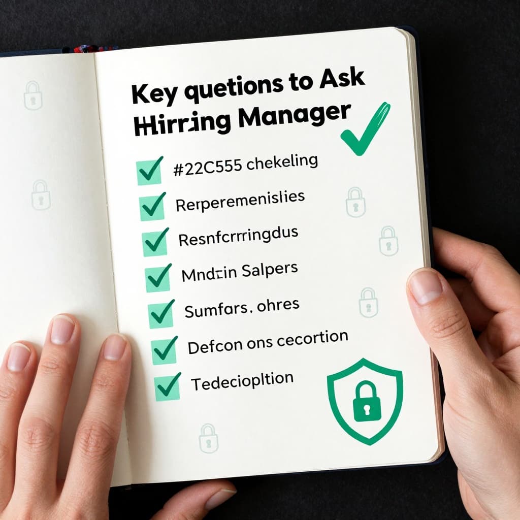 Top-down view of a notepad featuring a checklist of questions with subtle cybersecurity icons like locks and shields nearby, in a modern illustration style using clean shapes and #22C55E highlights.