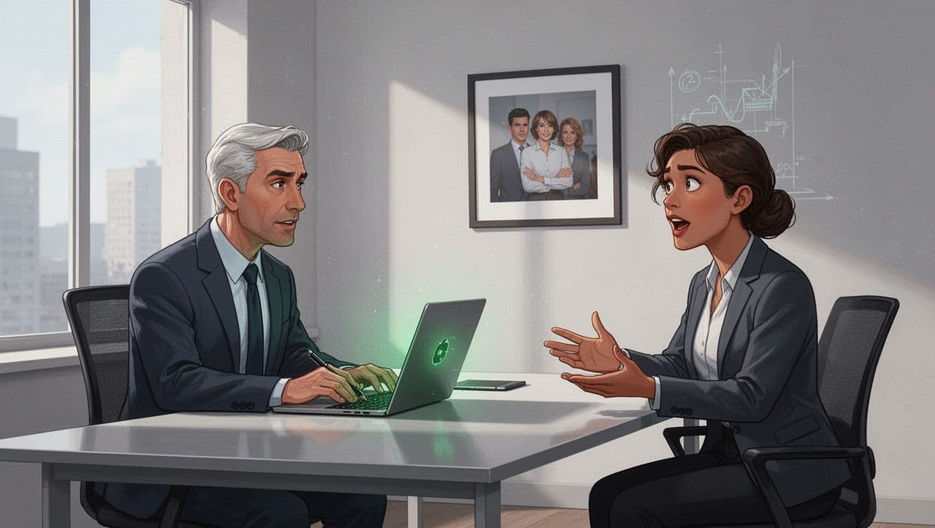 Modern illustration in clean shapes and controlled palette: senior cybersecurity interviewer in office noting on laptop, candidate across desk speaking animatedly with negative gestures like eye roll toward past employer photo on wall. Use #22C55E for laptop glow and accents, strong side composition, exactly two people, natural window light, no text anywhere, no additional figures, no logos.