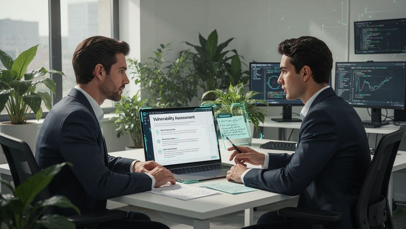 Cybersecurity interviewer and candidate engaged in discussion over a shared screen displaying a vulnerability assessment diagram in a modern office with plants and monitors. Side-angle composition in clean illustration style with natural daylight lighting and green accents.