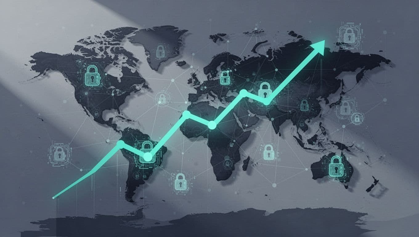 Modern illustration of an upward trending graph featuring cybersecurity elements like digital locks, networks, and a global map background, depicting strong job market growth trends.
