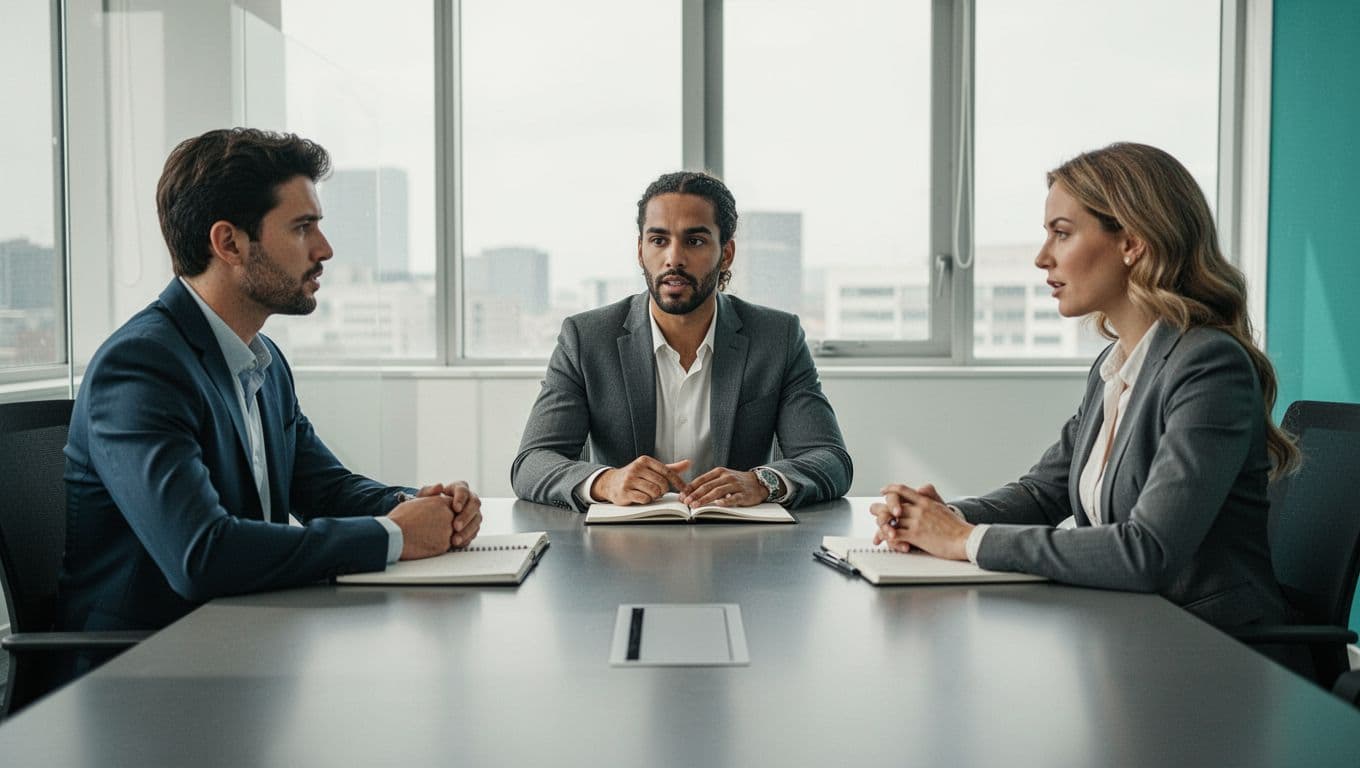 Modern illustration of a cybersecurity candidate interviewed by two professionals in a bright conference room, discussing stakeholder experiences with relaxed postures and natural lighting.