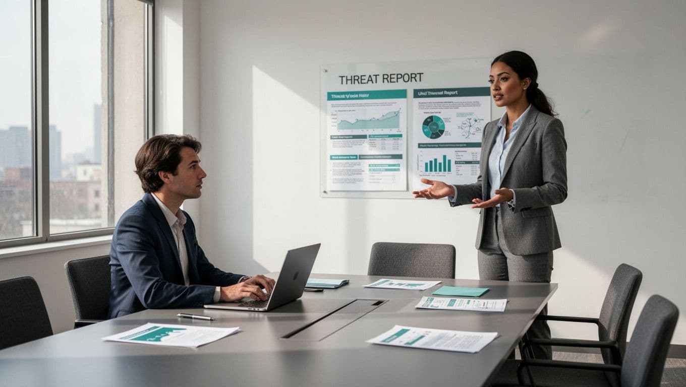 Modern illustration showing two professionals in a conference room during a cybersecurity job interview: one seated at a table with a laptop, the other standing presenting a threat report with clean lines and green accents.