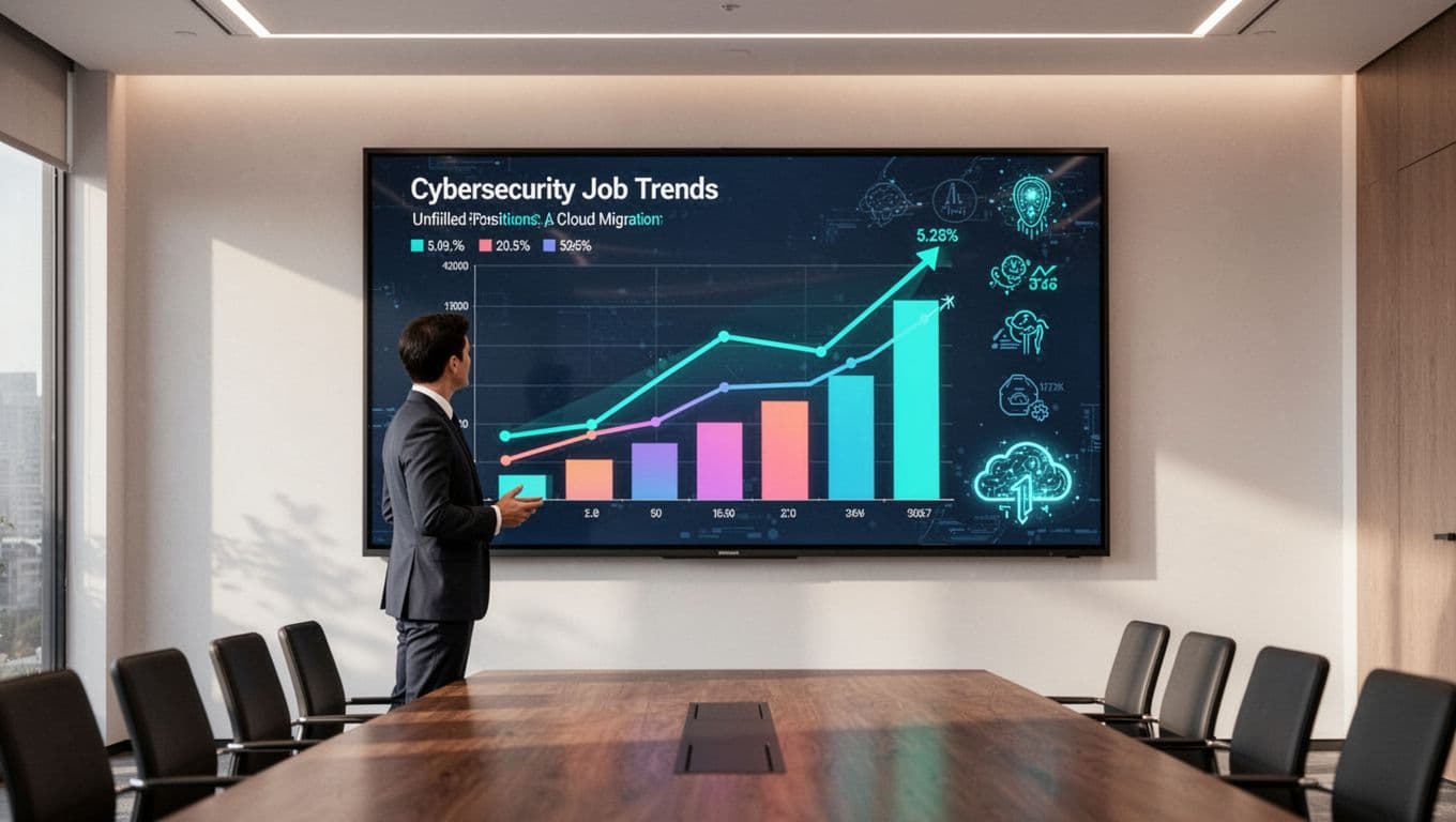 Dynamic illustration of cybersecurity job market trends featuring charts with 4.8 million unfilled positions, salary growth for cloud security and GRC roles, and icons for AI threats and skills gaps. A professional views the data dashboard on a large screen in a modern conference room.