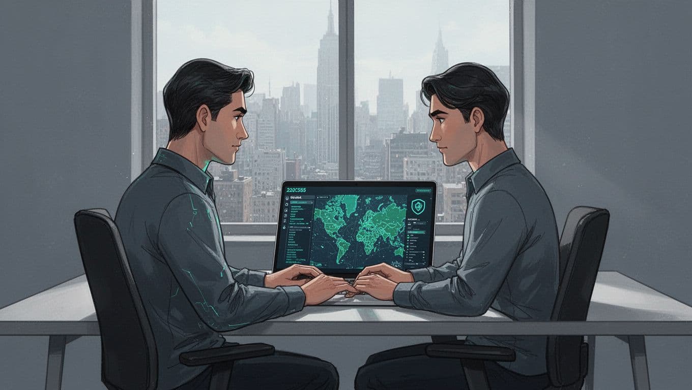 Modern illustration of a cybersecurity professional in a home office, sitting relaxed at a desk with a laptop showing a blurred search interface for maps and profiles, and a city skyline through the window.