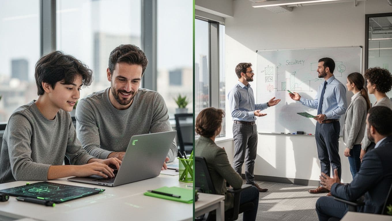 Split scene shows junior hire training with mentor on left, senior architect at whiteboard on right.