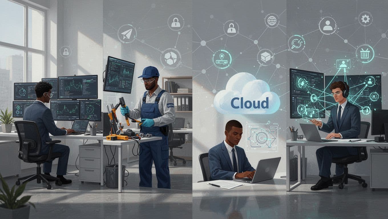 Modern illustration of diverse cybersecurity professionals including SOC analyst at monitors, security engineer with tools, cloud specialist diagram, connected by network icons in separate vignettes.