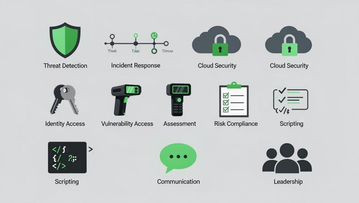 Modern illustration of nine cybersecurity skill category icons in a 3x3 grid: threat detection shield, incident response timeline, cloud security lock, IAM keys, vulnerability scanner, risk compliance checklist, scripting code, communication bubble, leadership team. Clean design with green accents on gray background.