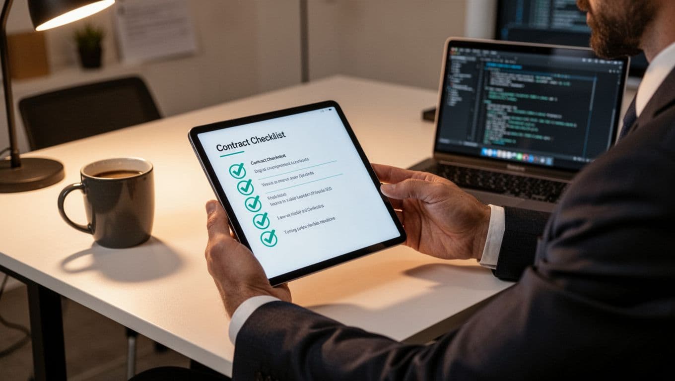 Cybersecurity professional holding tablet with simple checklist icons for contract review including checkmarks on exclusivity fees and guarantees, relaxed pose at desk with coffee mug and laptop in modern illustration style.