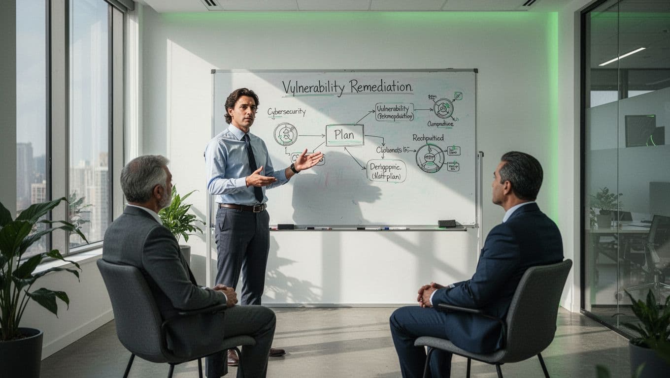 Modern illustration of a cybersecurity professional at a whiteboard explaining vulnerability remediation plan to three diverse executives in a modern office, using clean shapes and #22C55E accents on security elements.