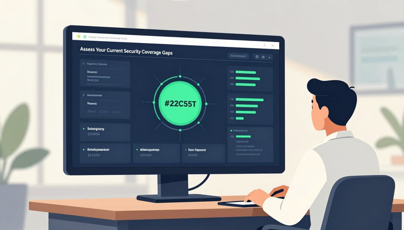 Modern illustration of a cybersecurity leader at a conference table reviewing a large dashboard screen displaying security metrics, staffing levels, and highlighted coverage gaps in green under natural daylight with soft shadows.