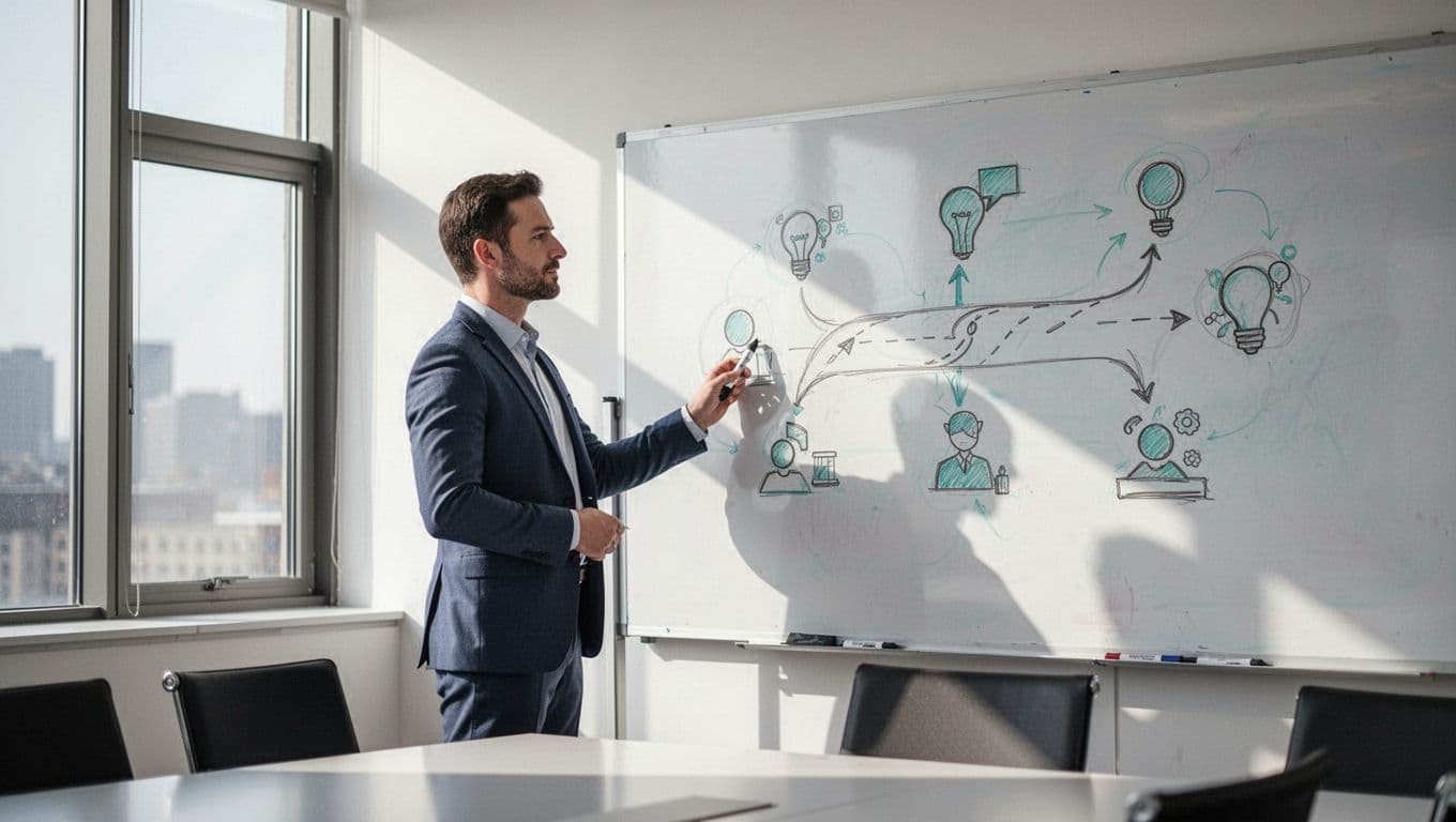 Side view of cybersecurity leader drawing transformation roadmap with icons on whiteboard in conference room.