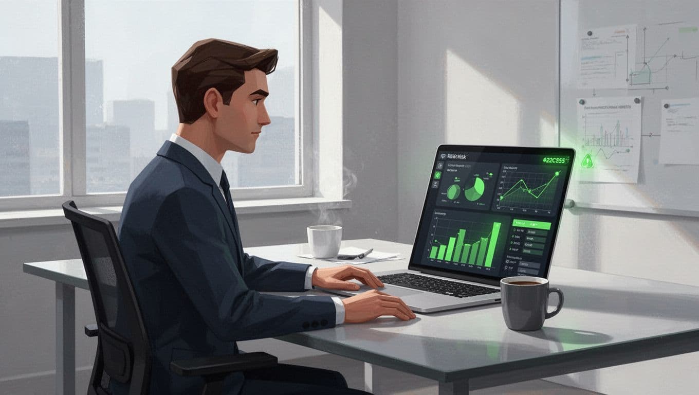 A cybersecurity manager seated at a desk in a contemporary office reviews a digital risk dashboard on a laptop screen angled away from the viewer, with faintly visible charts, bars, and alerts, and a coffee mug nearby. Modern illustration in three-quarter view with clean shapes, controlled colors, and soft window lighting.