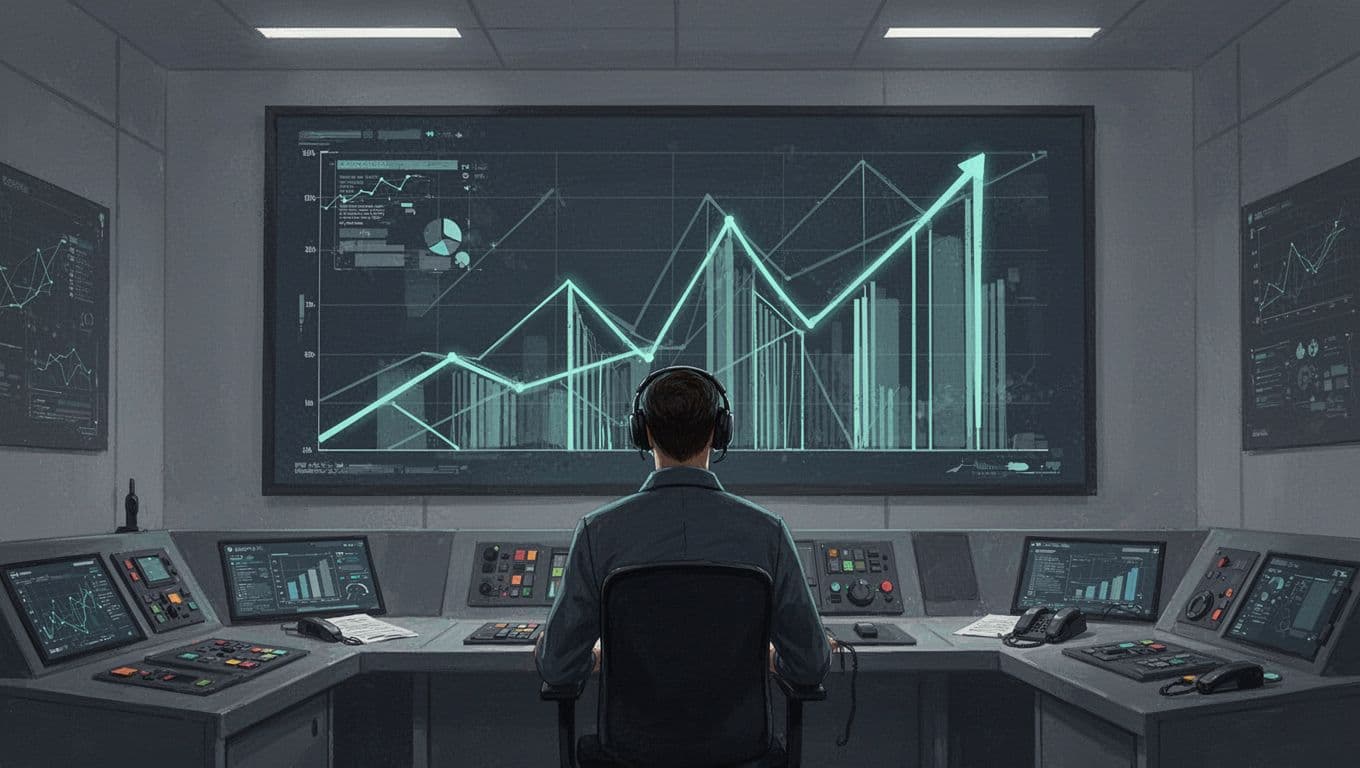 Modern illustration of a key cybersecurity metrics dashboard on a large screen in a control room, featuring graphs of reduced incidents, compliance scores, and cost savings with positive trends.