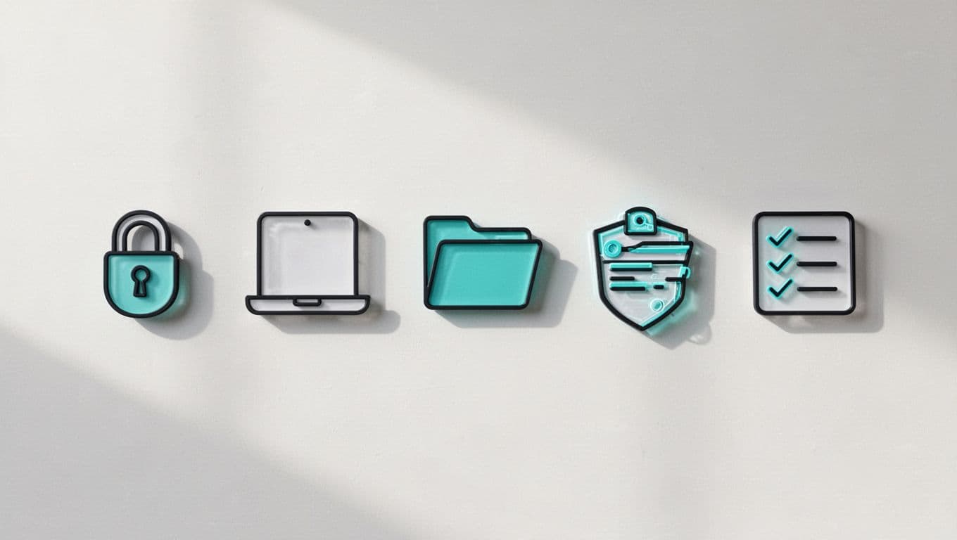 Modern illustration showing a flowchart of cybersecurity offboarding steps like access revocation, device return, data audit, with icons for IAM lock, handover, folder check, vendor list, on light background with green accents.