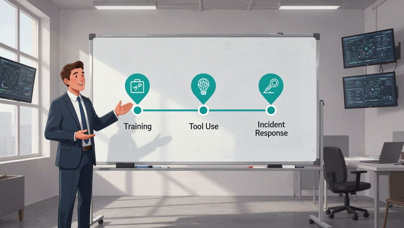 Horizontal timeline on whiteboard marks 30-60-90 days with training, tool, and incident icons; one person reviews in office with security monitors.