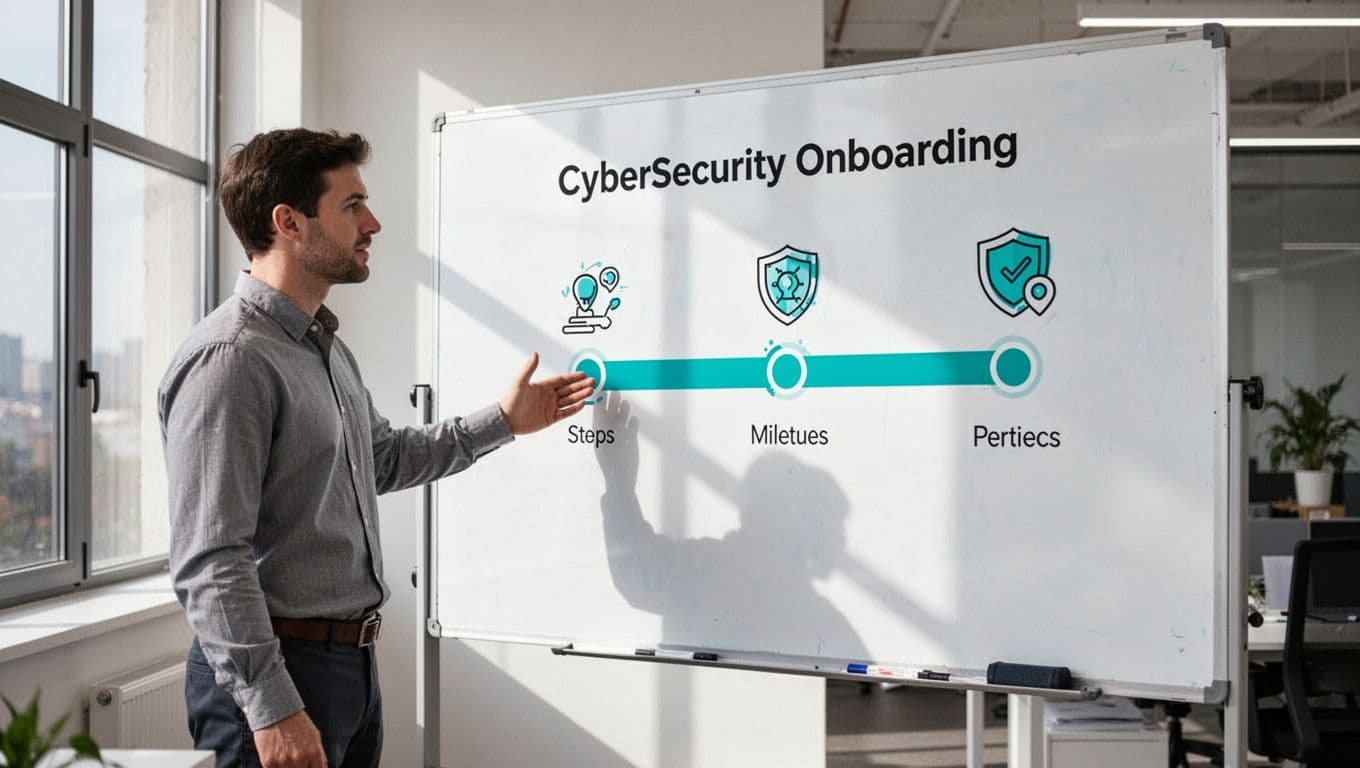 One person points to whiteboard illustration of cybersecurity onboarding timeline with icons for days 1, 7, 30 milestones in office.