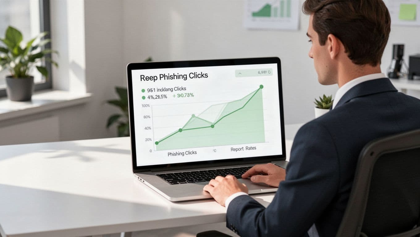 Clean modern flat illustration of a cybersecurity dashboard on a laptop screen showing dropping phishing click rates and rising report rates with green indicators, an analyst reviewing at a desk in an office setting.