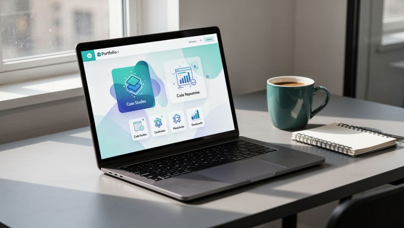 Illustration of a laptop screen displaying a cybersecurity portfolio webpage with case studies, GitHub repos, and dashboards, accompanied by a coffee mug and notebook on a modern desk in an angled side view.