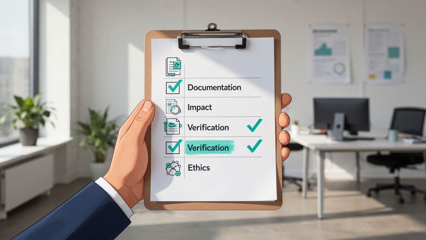 Modern illustration of a cybersecurity portfolio evaluation rubric as a simple checklist table on a clipboard held by one hand in an office background, featuring icons for criteria like documentation, impact, verification, and ethics with green checkmarks.