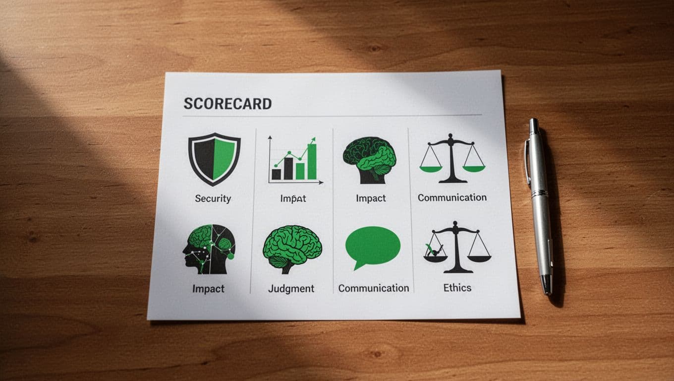 Clean top-down illustration of a cybersecurity portfolio scoring scorecard on a wooden desk, featuring icons for impact (graph), judgment (brain), communication (speech bubble), and ethics (balance scale), with a shield for security and a single pen nearby.