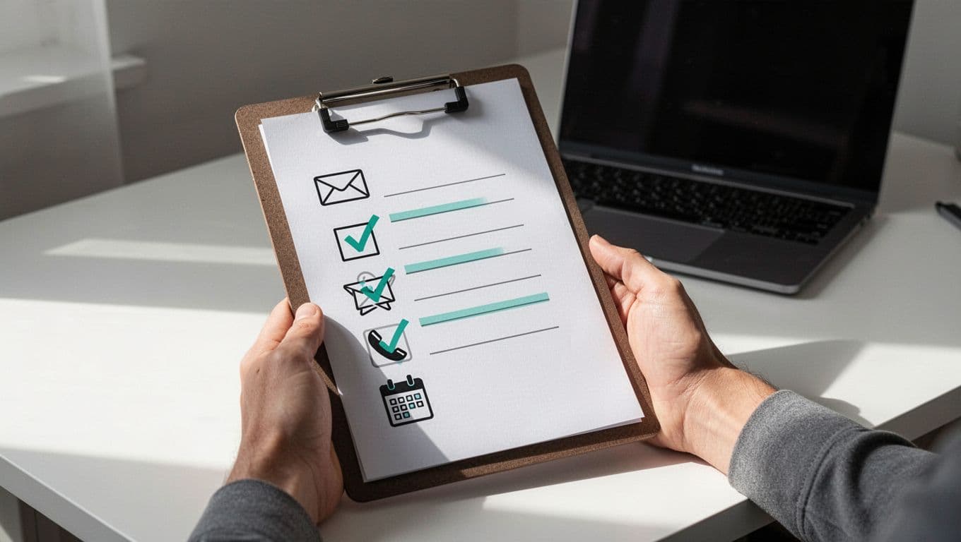 Modern illustration of a checklist on a clipboard with email, phone, and calendar icons for post-interview follow-up in cybersecurity job search, held by a partially visible relaxed hand on a desk with a closed laptop.