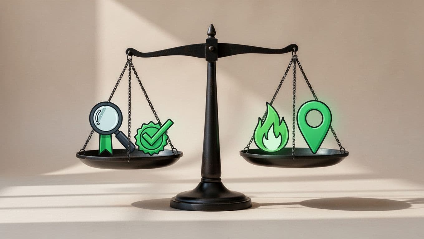 Modern illustration of a balanced scale weighing cybersecurity pricing factors: project scope, consultant seniority, and compliance needs on one side against industry risk and geography on the other, with clean icons and green accents on a neutral background.