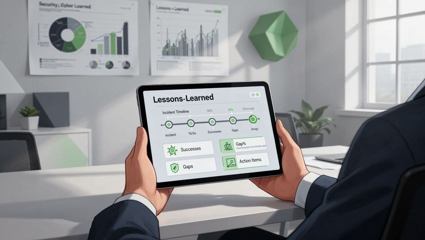 Cybersecurity professional at desk holds angled tablet displaying lessons learned template icons for timeline, successes, gaps, and actions.