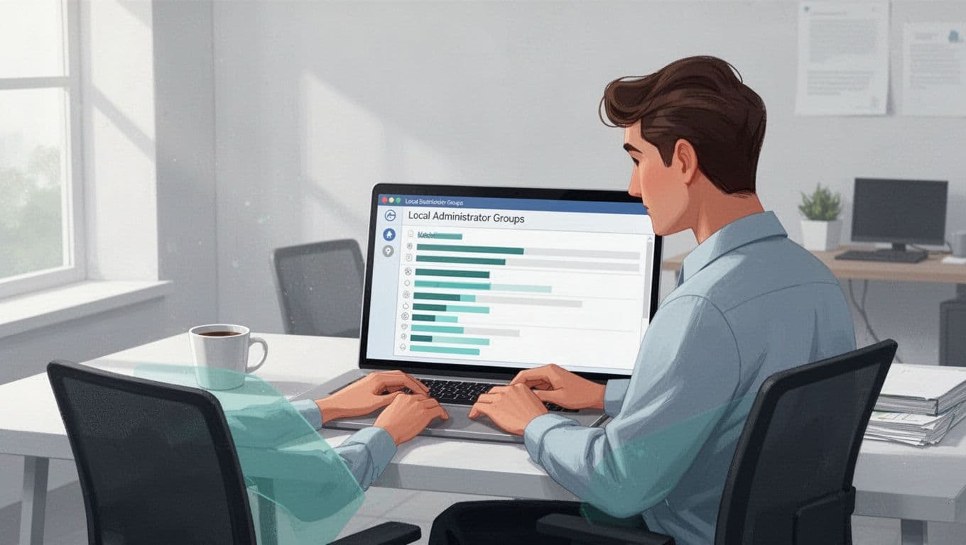 Cybersecurity professional at desk views local administrators list on Windows laptop screen in clean office.