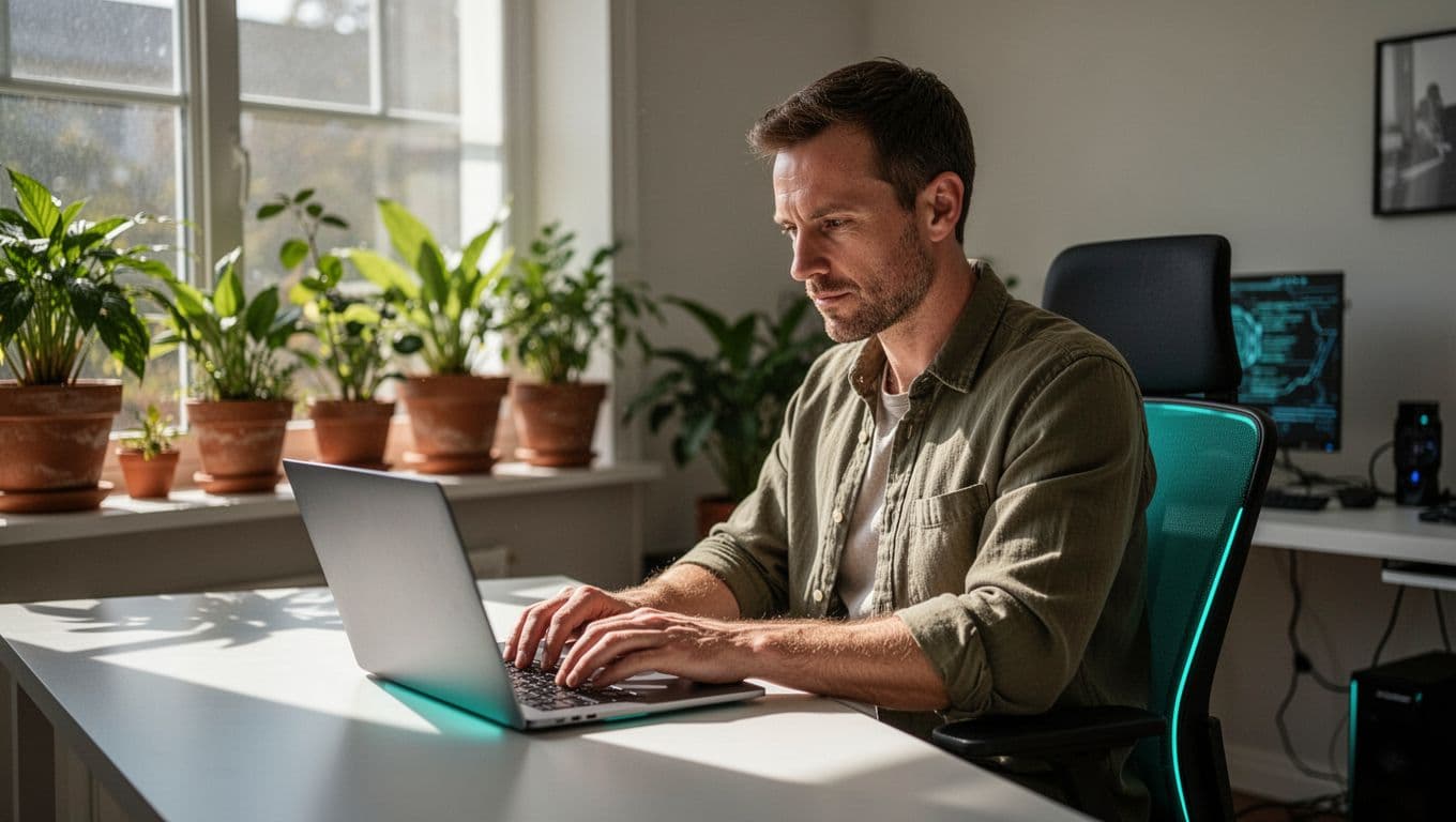A mid-30s male cybersecurity professional with short hair, wearing a casual button-up shirt, sits at a modern home office desk thoughtfully typing on a laptop to send a follow-up email after a security interview. The laptop screen glows softly with an implied email interface, natural light comes through a window with plants, in a clean modern illustration style with controlled colors and #22C55E accents.