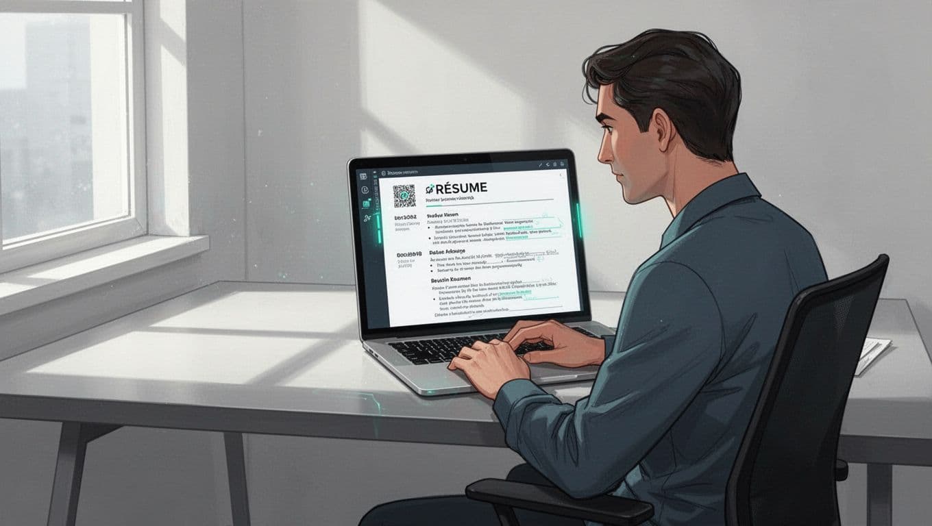 Modern illustration of a cybersecurity professional sitting at a desk in a home office, reviewing and editing an ATS-friendly resume on a laptop. Clean composition with one person, soft natural lighting, and green accents.