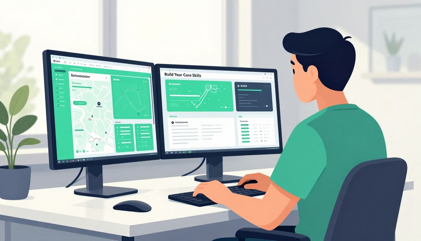 A cybersecurity professional seated at a modern desk in a home office, reviewing colorful threat maps and data visualizations on dual monitors under soft natural light.