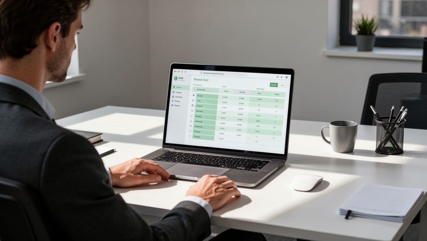 A cybersecurity professional at a clean office desk viewing a laptop screen showing a blurred human risk register table with columns for Risk Description, Likelihood, Impact, and Mitigation.
