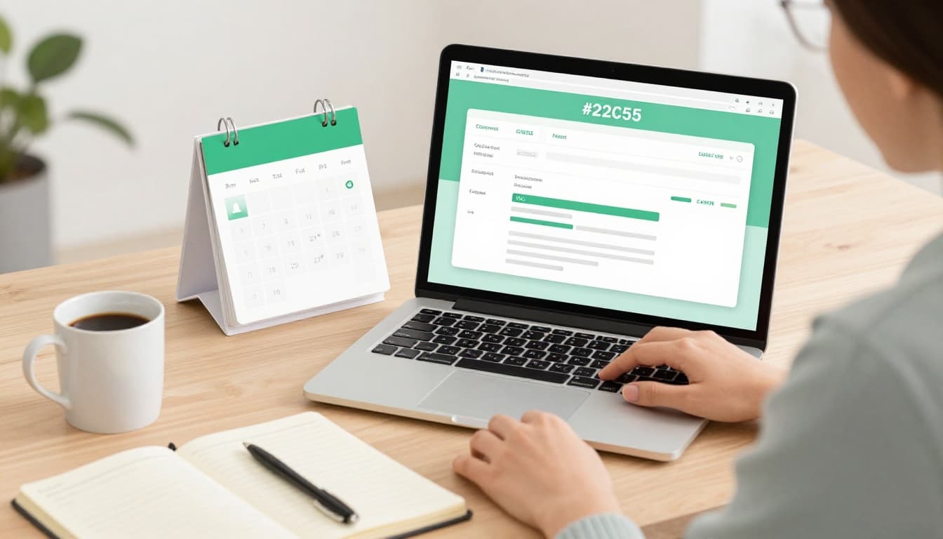 Modern illustration of a cybersecurity professional in a cozy home office reviewing a resume on a laptop, with a calendar app showing a scheduled call, notebook notes, and coffee mug nearby. Focused close-up with clean shapes, green accents, and soft lighting.